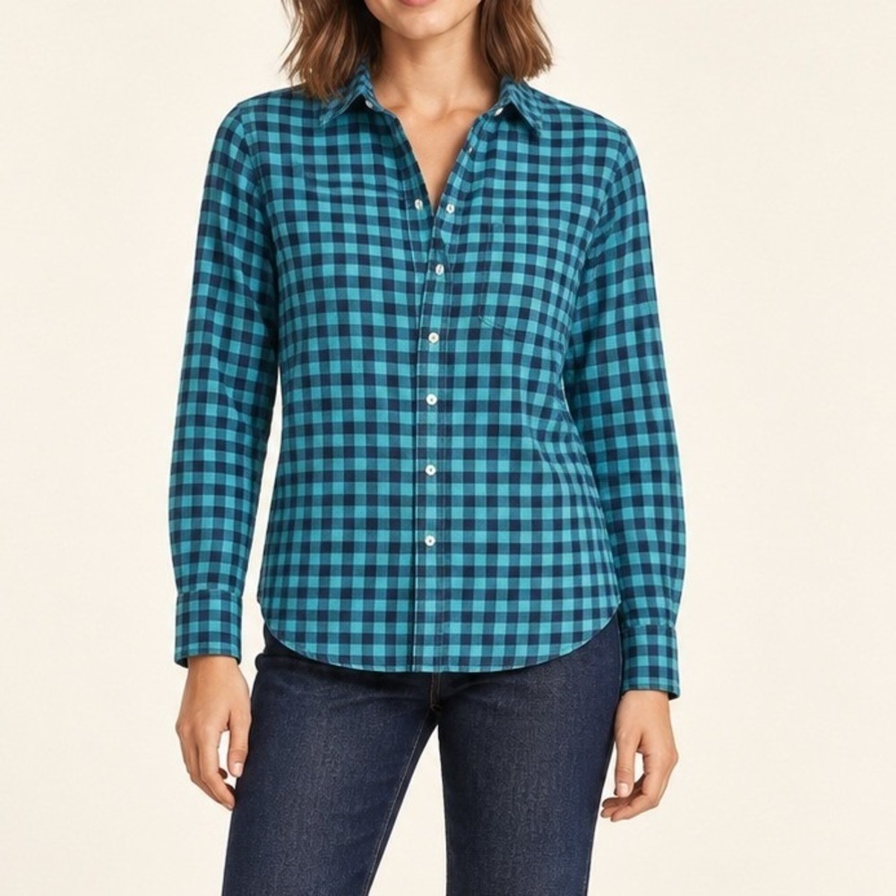 Banana Republic Women Gingham Plaid Button Down Flannel Shirt S Teal Navy Cotton